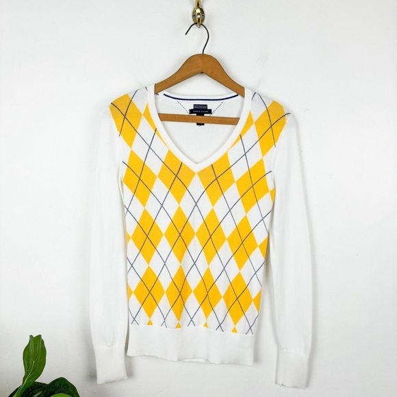 Tommy Hilfiger Yellow Argyle Print Pima Cotton V-Neck Sweater Sz XS - Picture 1 of 4